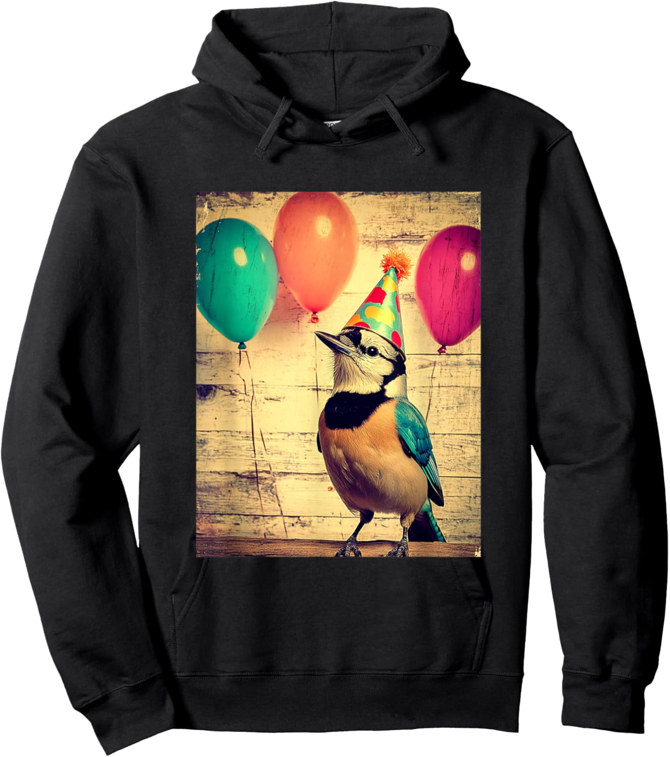 Blue Jay Retro Art Print Birthday Party Balloons & Party Hat Hoodie - Hoodie | Black