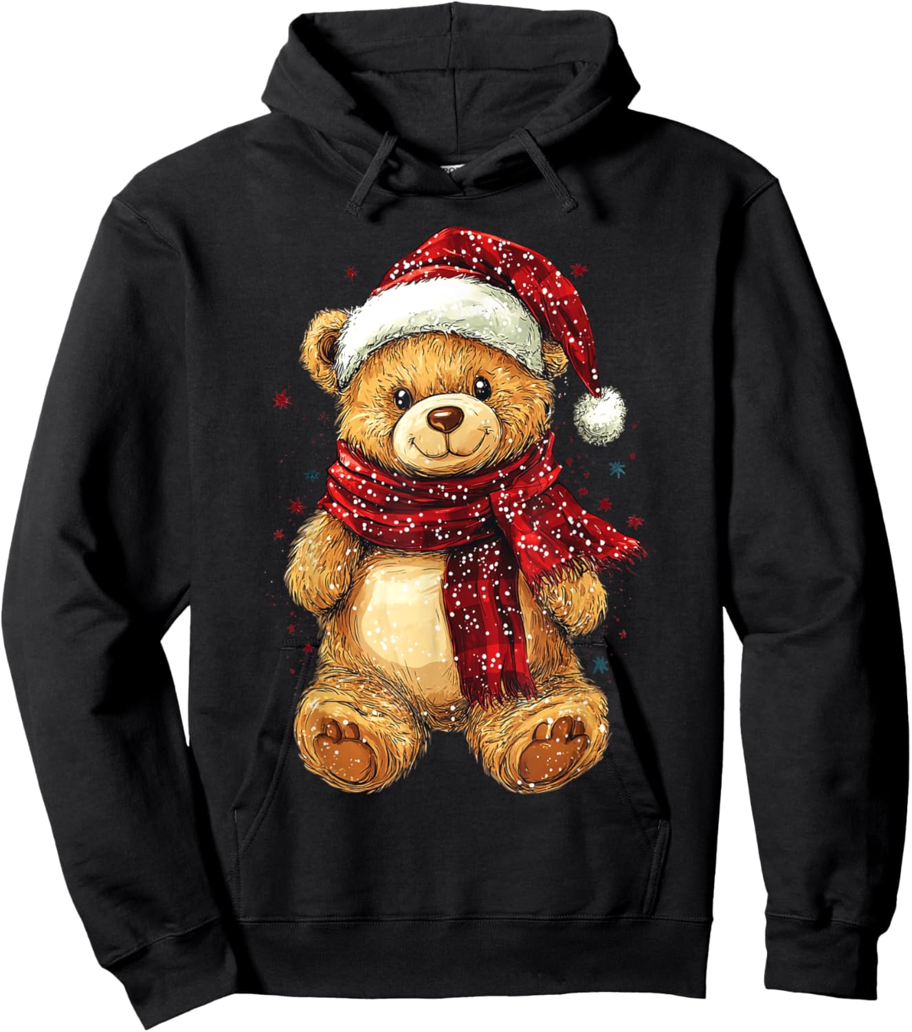 Teddy Bear Wearing Christmas Hat and Scarf Cute Bear Hoodie - Hoodie | Black