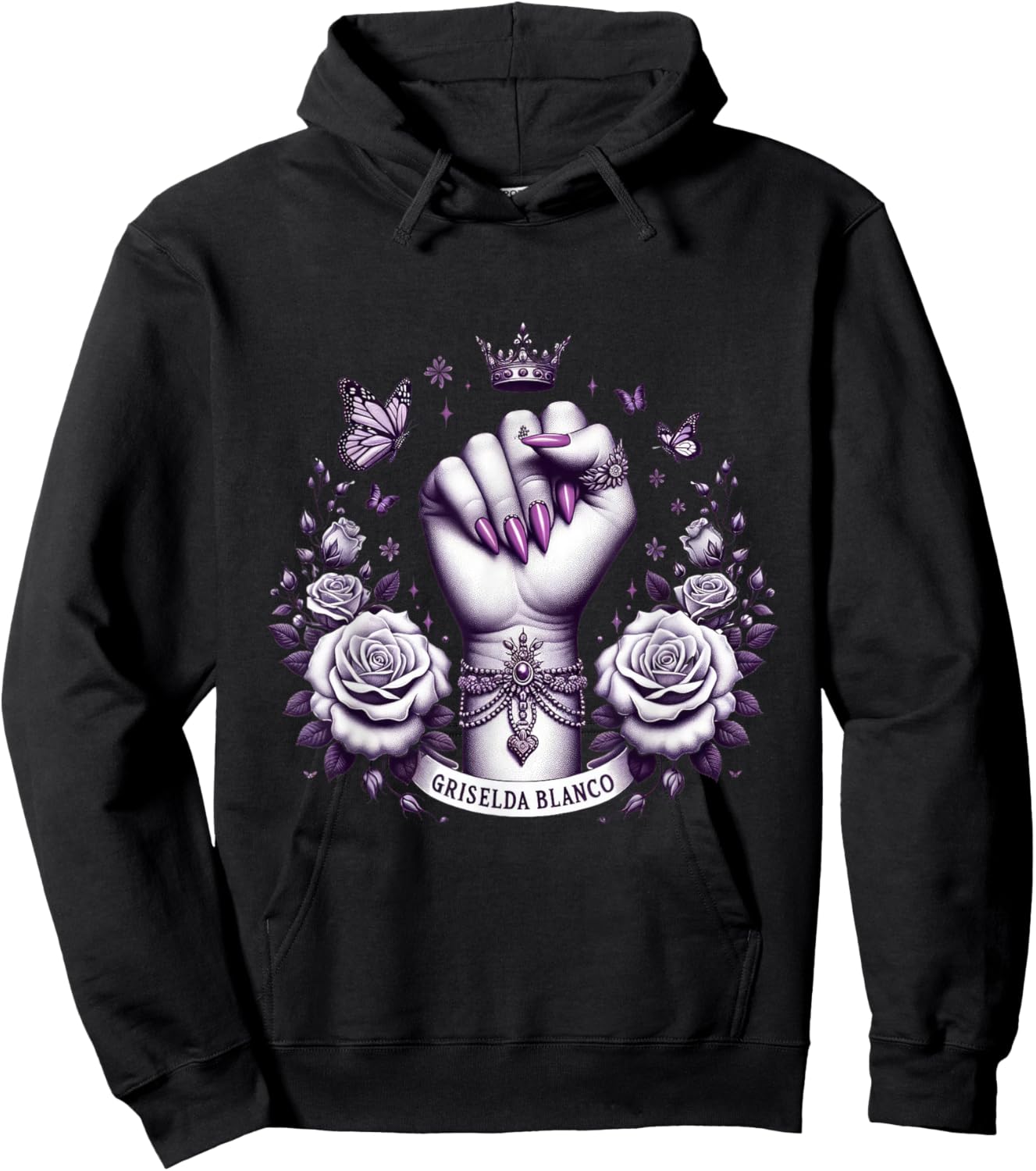 Griselda Blanco Crown Fist With Roses and Butterflies Hoodie - Hoodie | Black