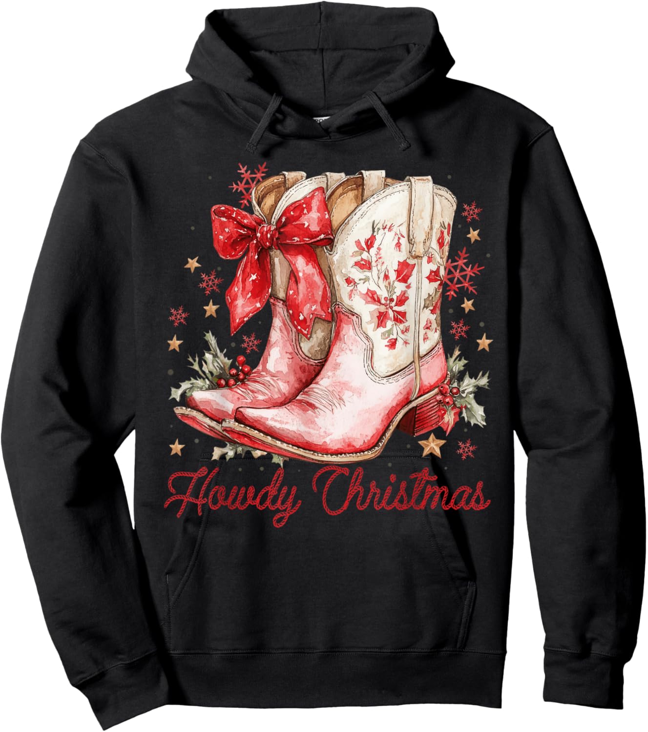Western Howdy Christmas Cowgirl Boot Coquette Bow Christmas Hoodie - Hoodie | Black