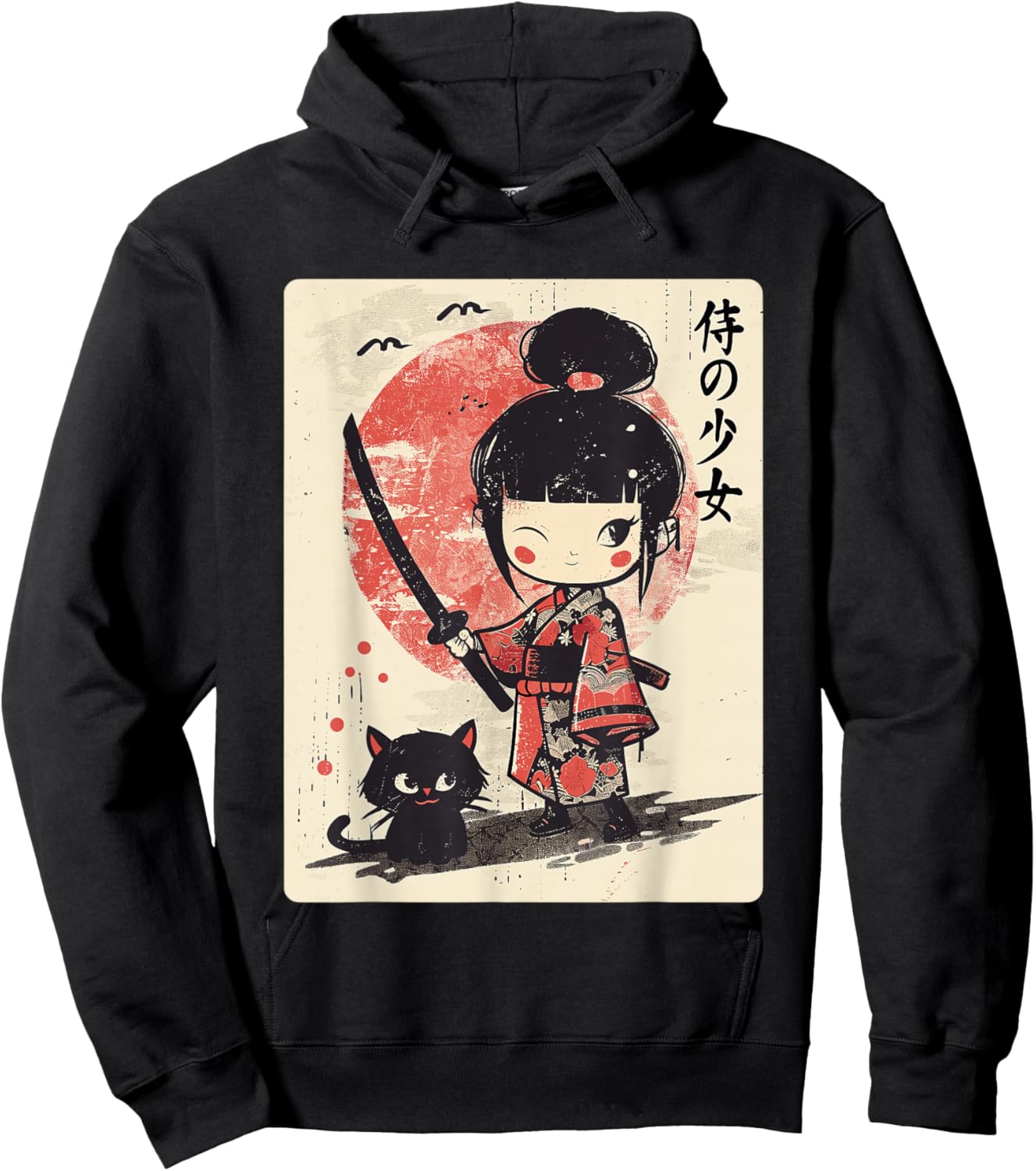 Cute Kawaii Samurai Girl with Katana & Cat Japanese Anime Hoodie - Hoodie | Black