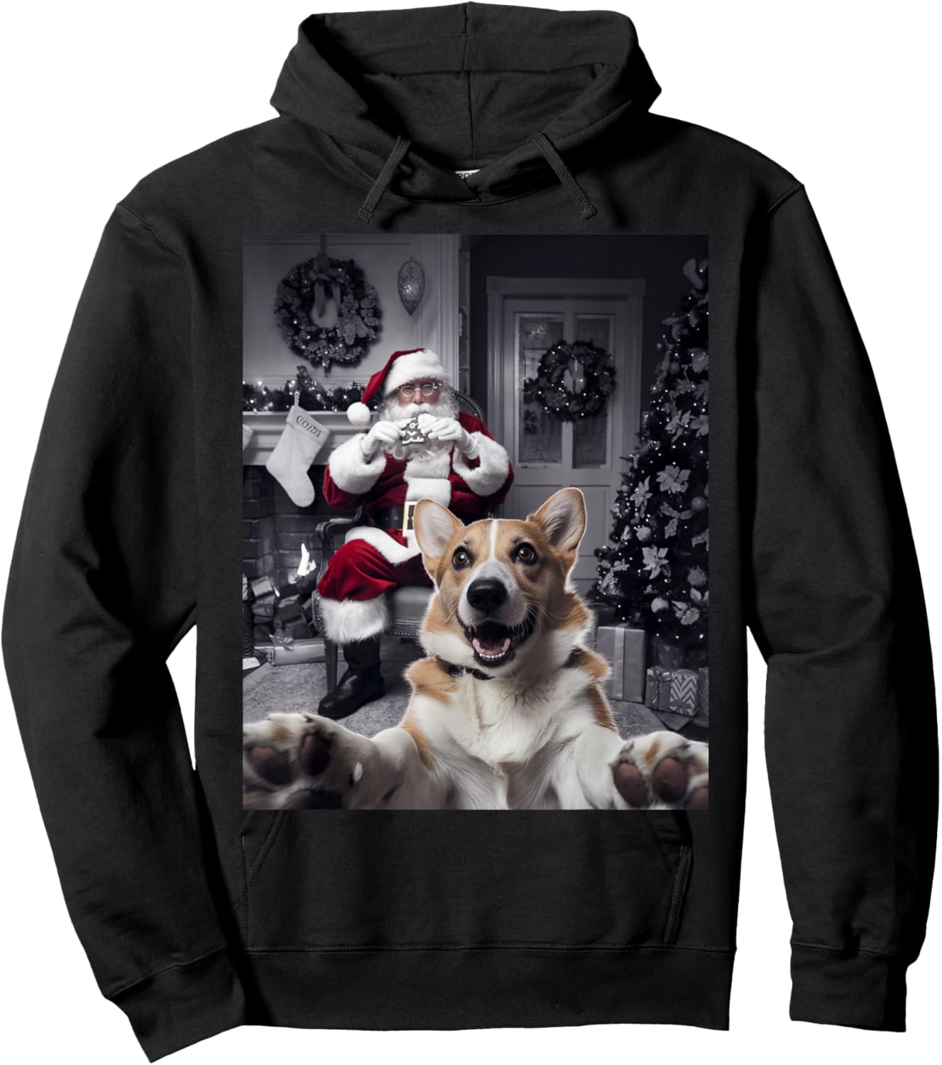 Christmas Funny Corgi Dog Selfie with Santa Claus Holiday Hoodie - Hoodie | Black