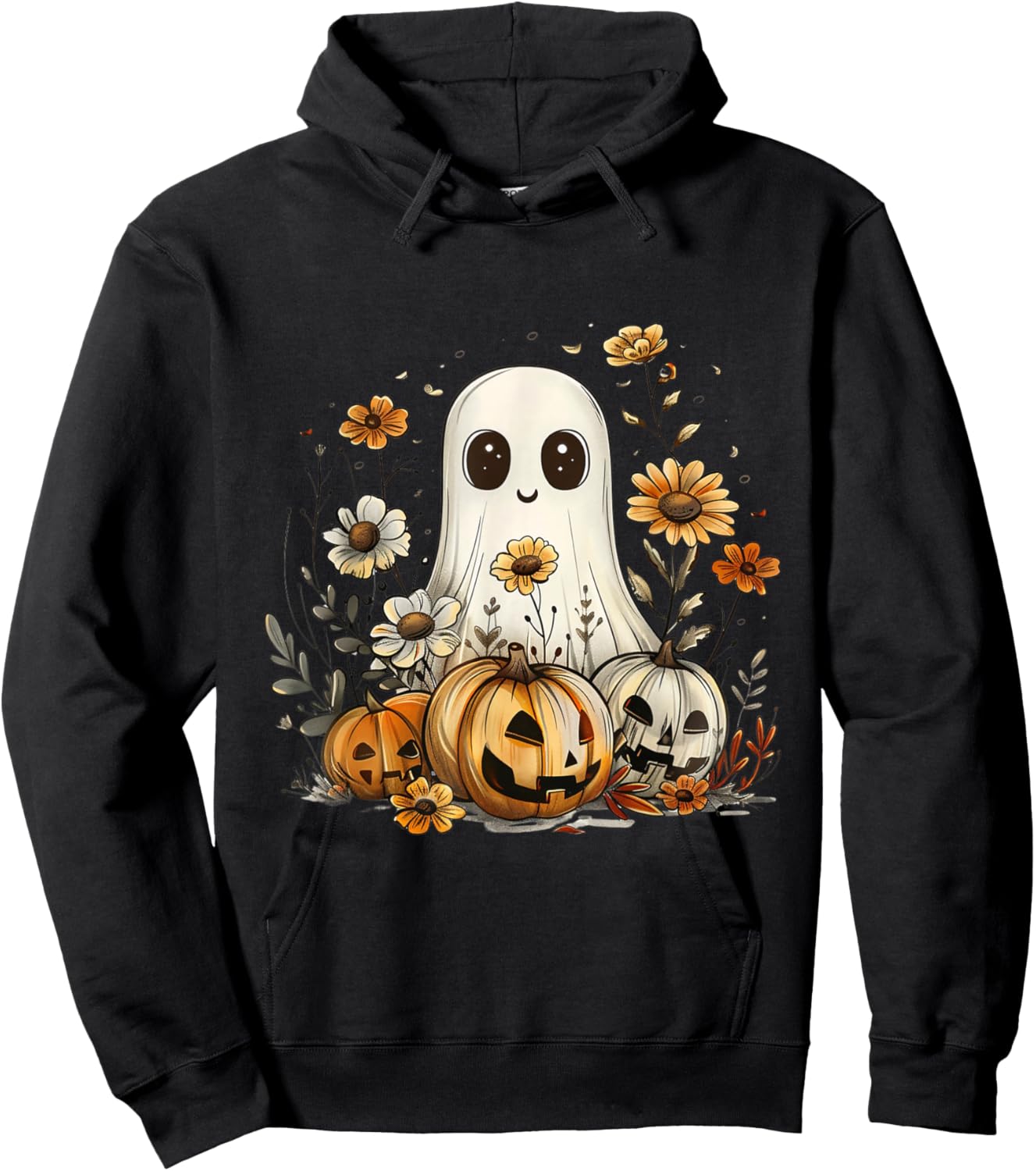 Cute Boho Flower Ghost Pumpkin Halloween Party Ghost Costume Hoodie - Hoodie | Black