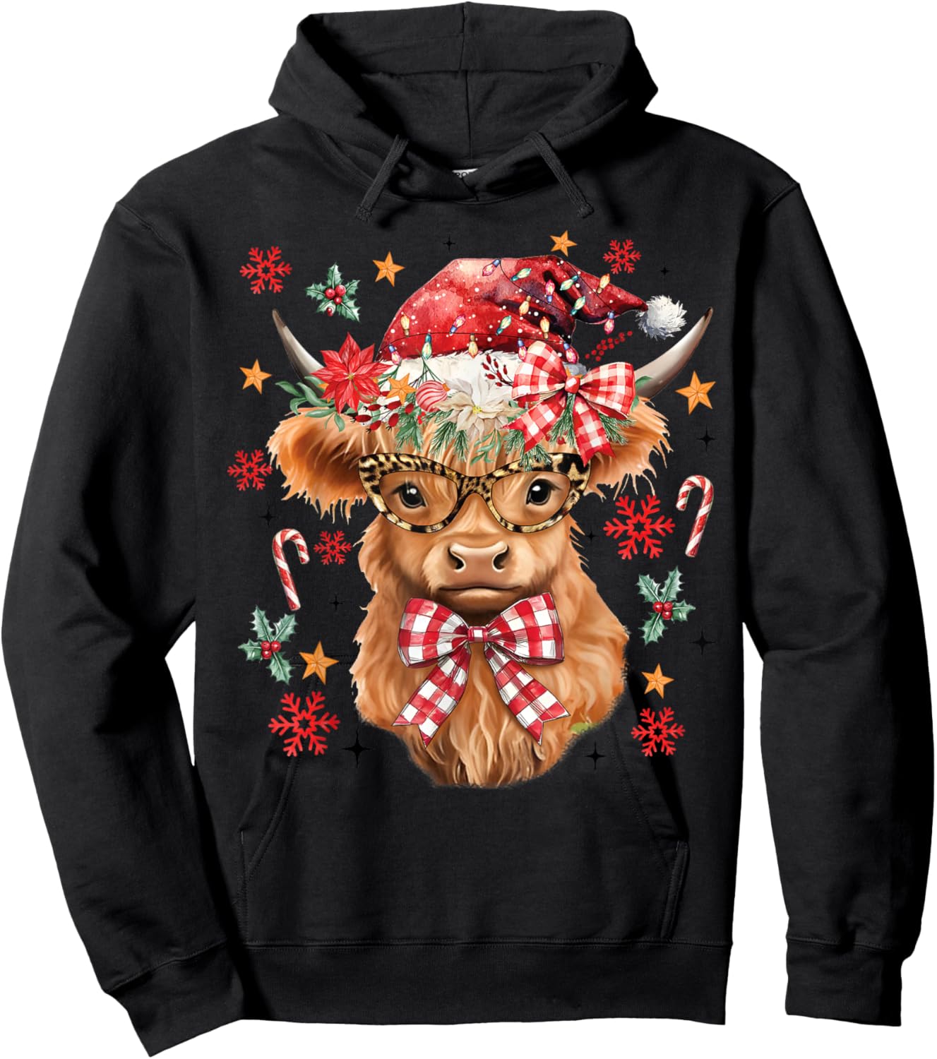 Western Highland Cow Lover Coquette Bow Merry Christmas Hoodie - Hoodie | Black