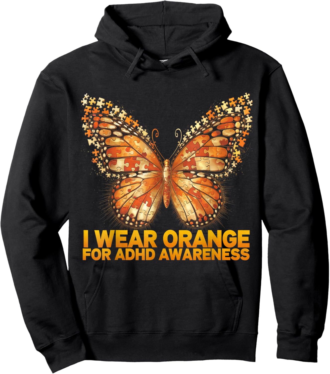 ADHD Awareness Month ADHD Orange butterfly Neurodiversity Hoodie - Hoodie | Black