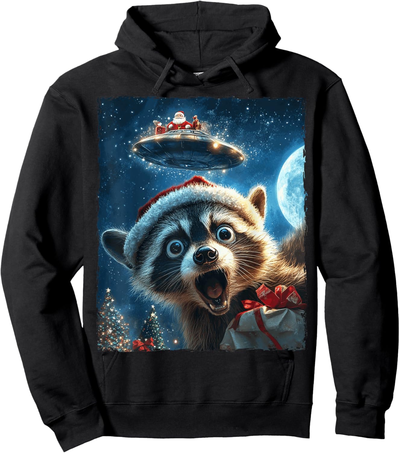 Funny Raccoon Selfie Santa Ufo Xmas Christmas Hoodie - Hoodie | Black