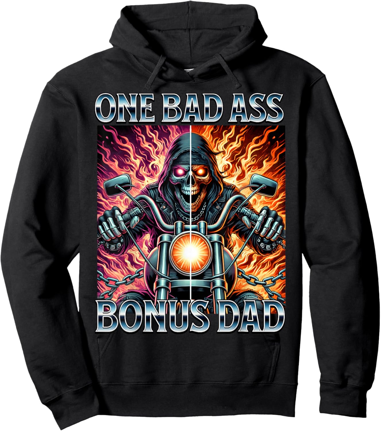 Bad Ass Bonus Dad Skeleton Step Dad Biker Stepdad Motorcycle Hoodie - Hoodie | Black