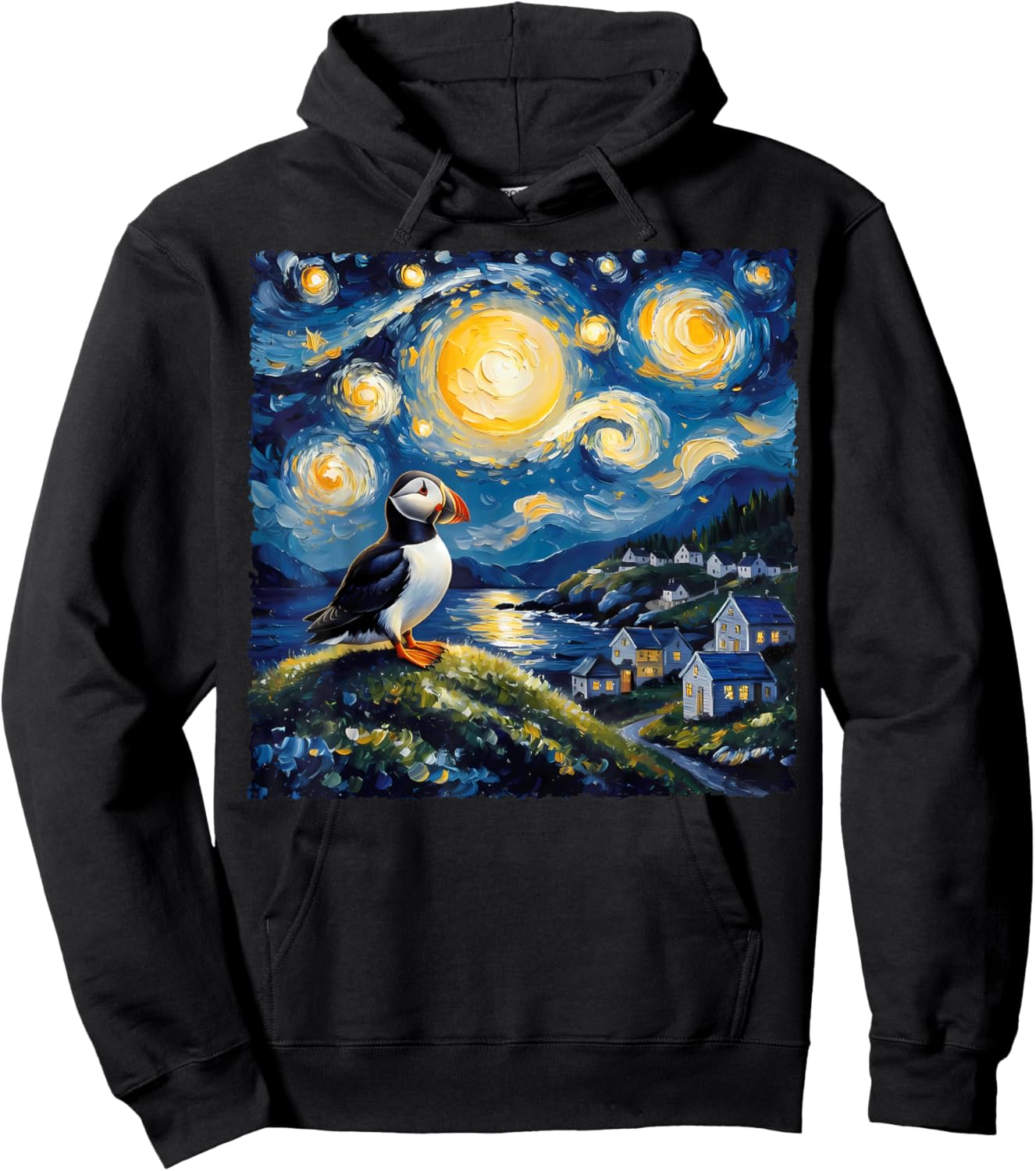 Van Gogh Style Funny Puffin Lover The Starry Night Painting Hoodie - Hoodie | Black