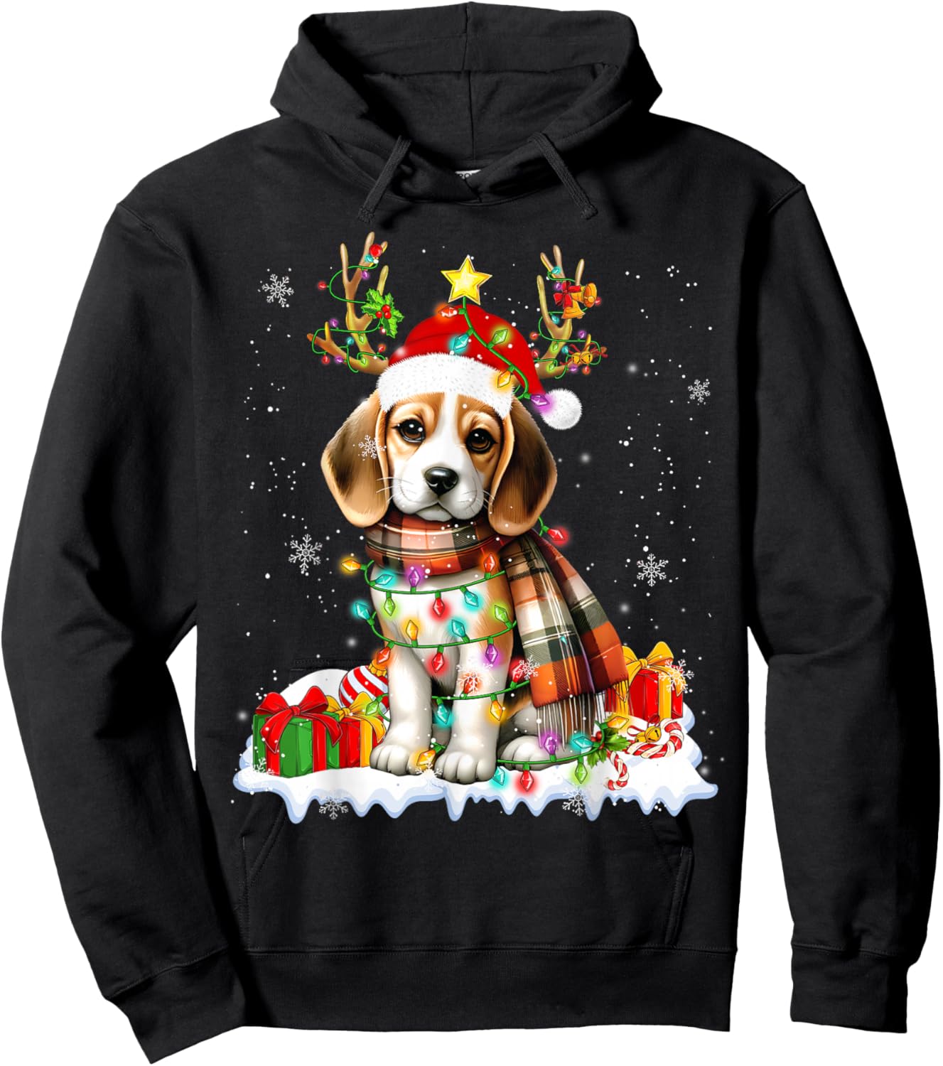 Santa Beagle Christmas Lights Funny Reindeer Dog Xmas 2026 Hoodie - Hoodie | Black