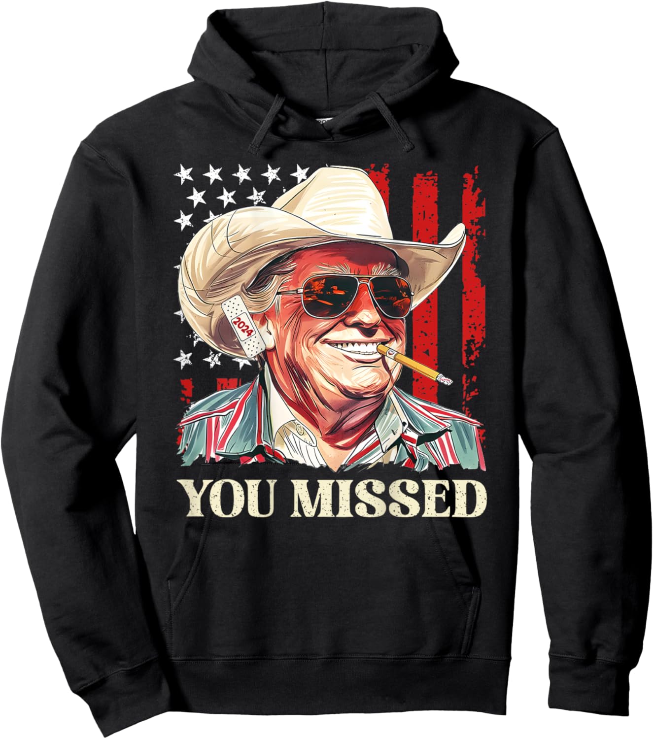 Western Trump Cowboy You Missed Trump 2024 Flag (On Back) Hoodie - Hoodie | Black