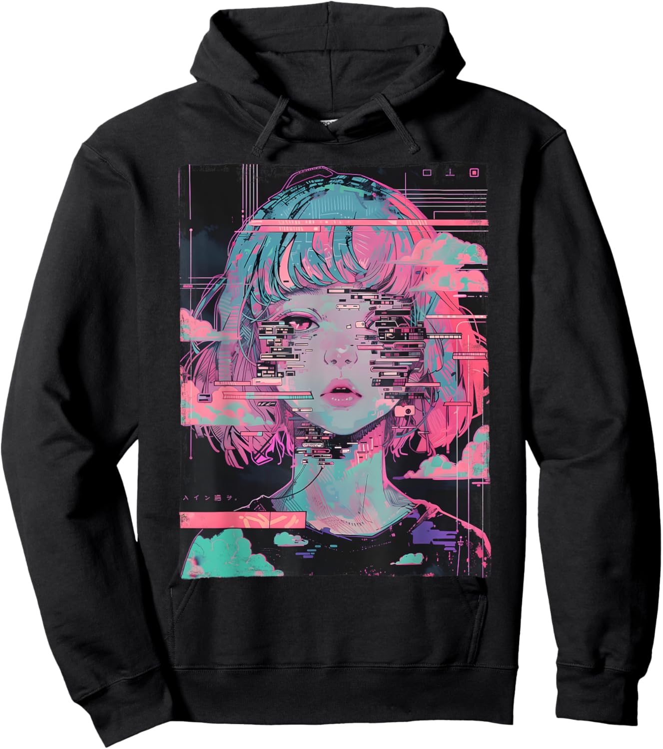 Anime Girl Vaporwave Glitch Cyber Goth E-Girl Distressed Hoodie - Hoodie | Black