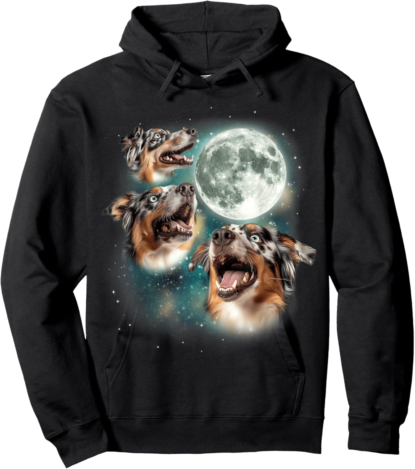 3 Australian Shepherds Moon | Three Aussies Howling Dog Meme Hoodie - Hoodie | Black