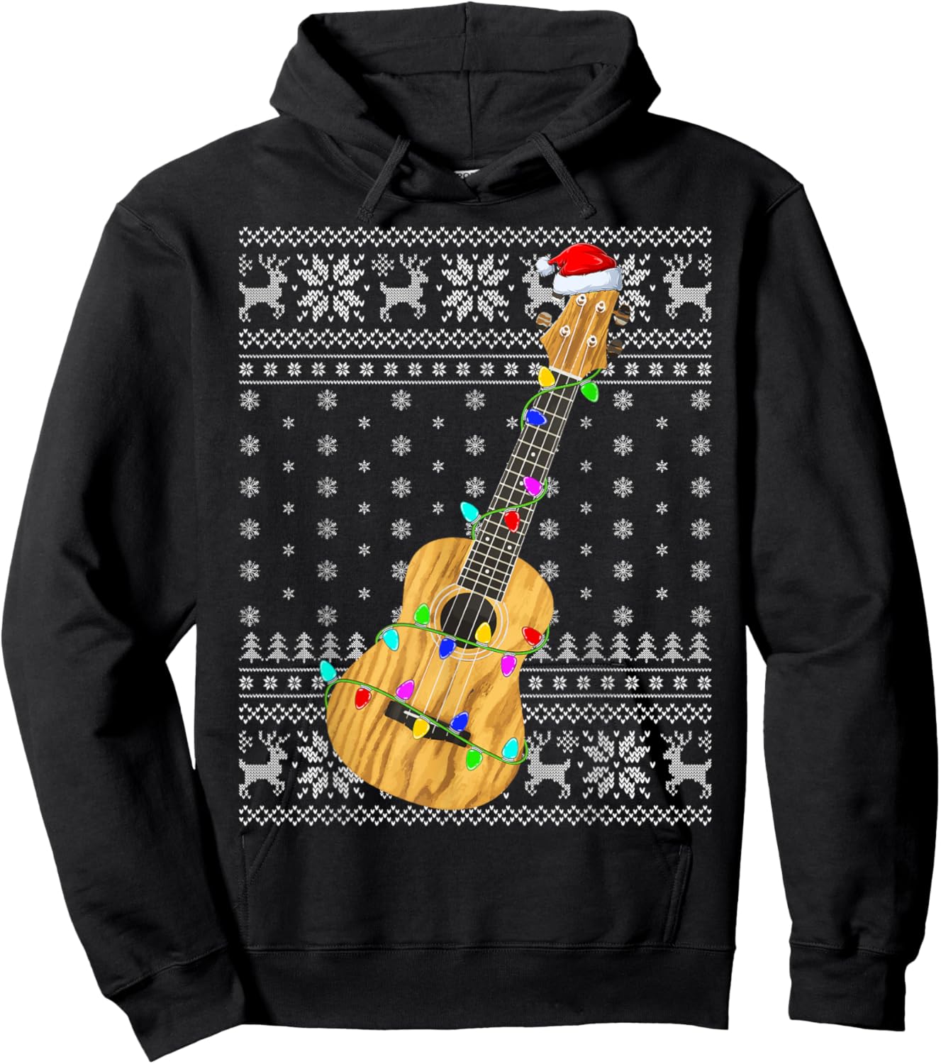 Ugly Sweater Xmas Lights Santa Hat Musical Ukulele Christmas Hoodie - Hoodie | Black