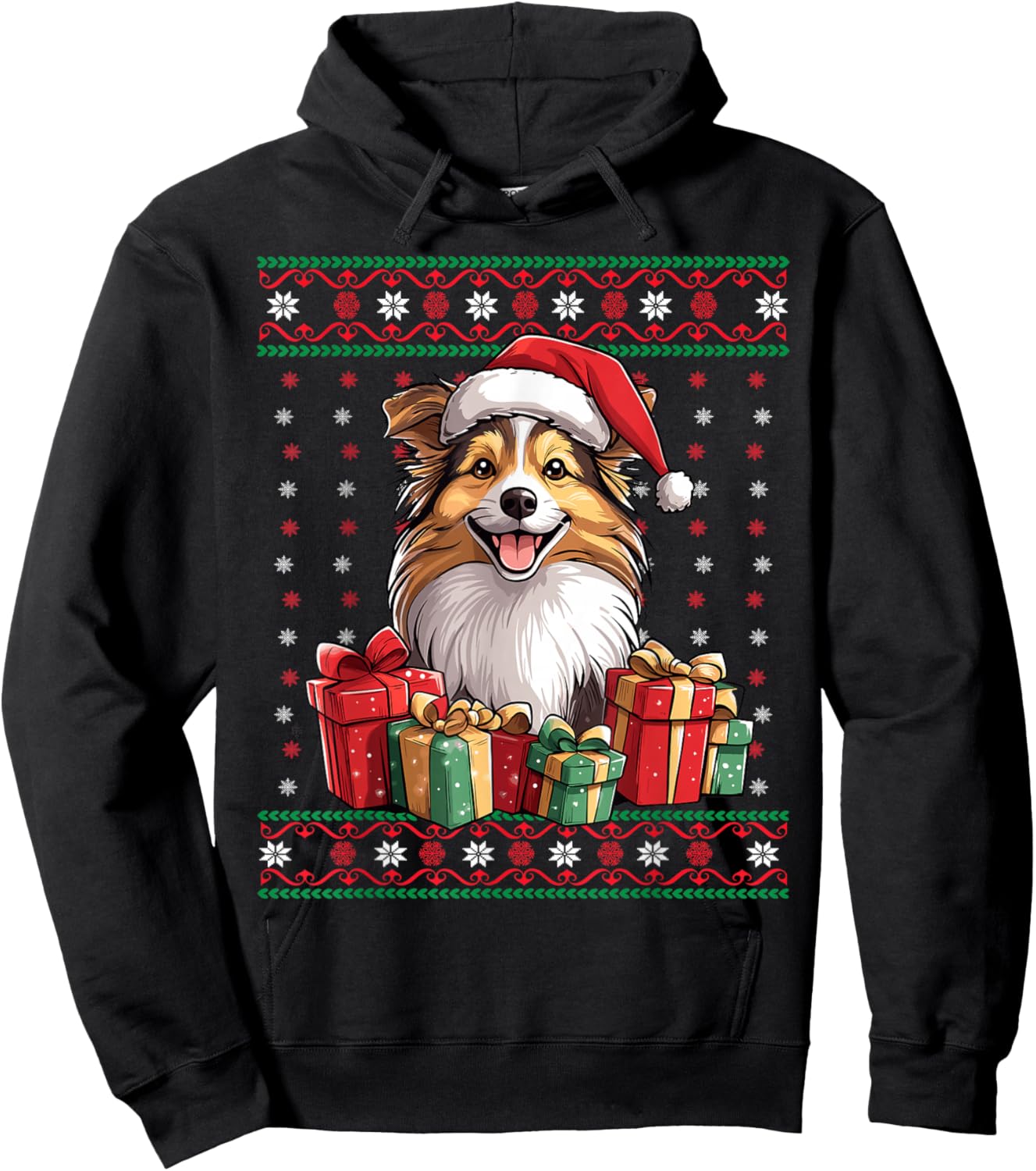 Sheltie Santa Hat Dog Lover Xmas Sheltie Ugly Christmas Men Women Kids Hoodie - Hoodie | Black