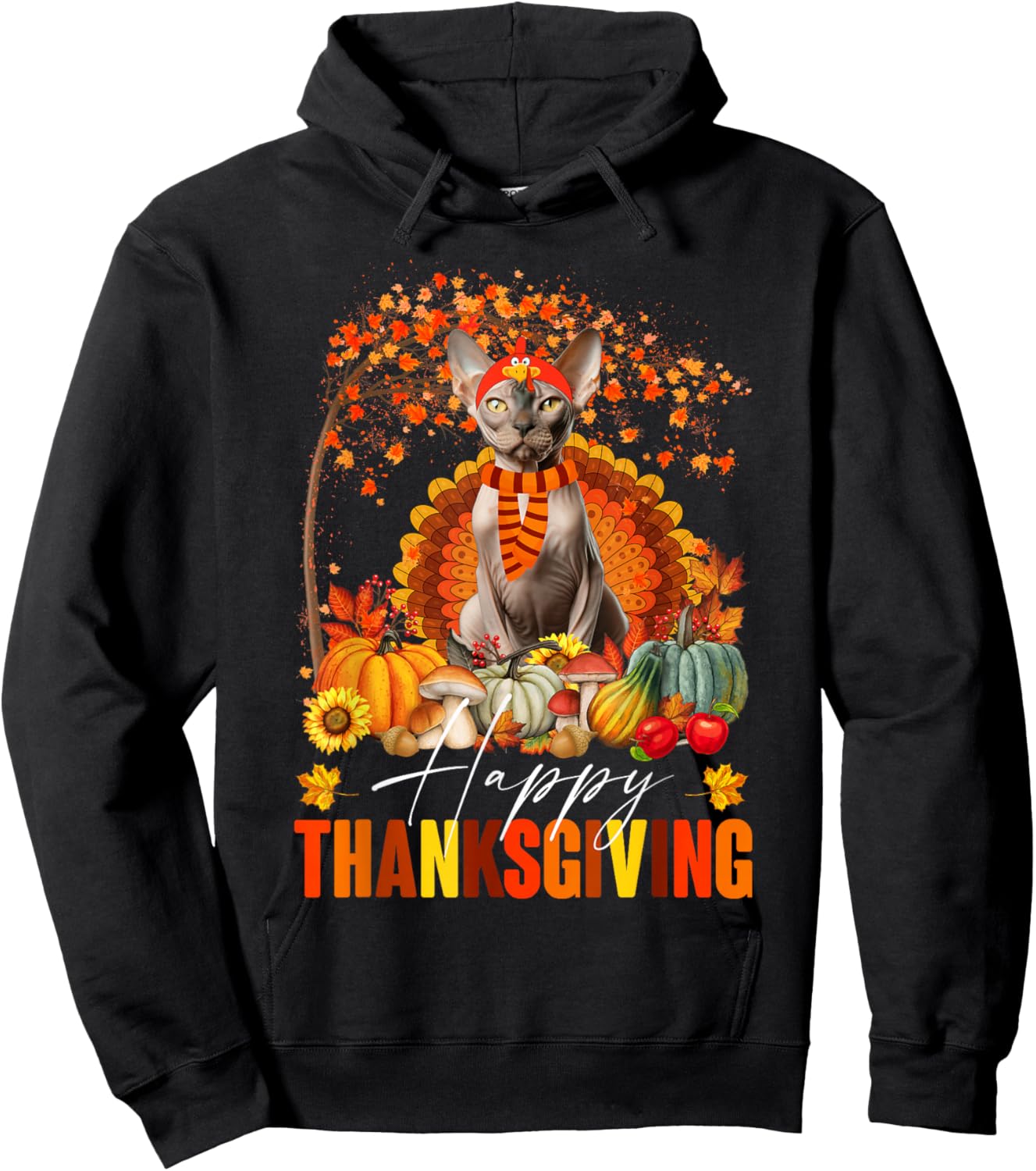 Funny Sphynx Cat In Turkey Costume Happy Thanksgiving Day Hoodie - Hoodie | Black