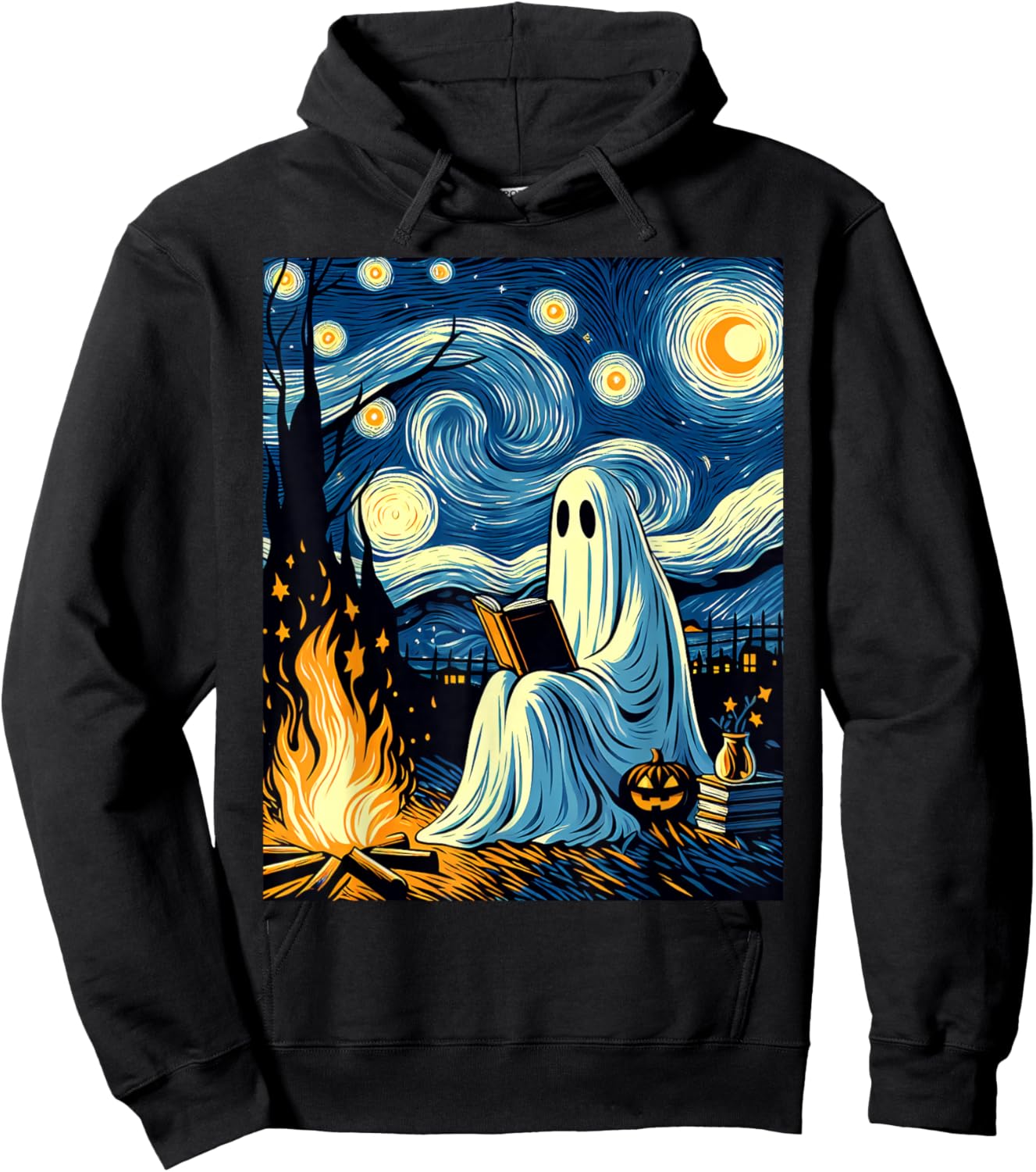 Ghost Book Reading Camping Halloween Van Gogh Starry Night Hoodie - Hoodie | Black