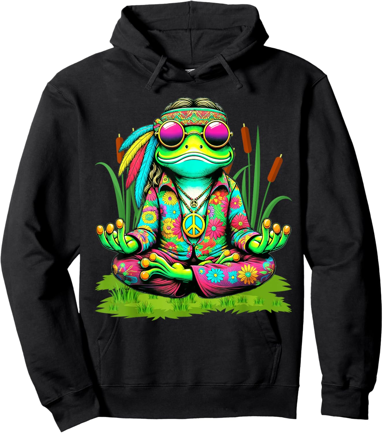 Frog Peace Sign Sunglasses Hippie Hoodie - Hoodie | Black