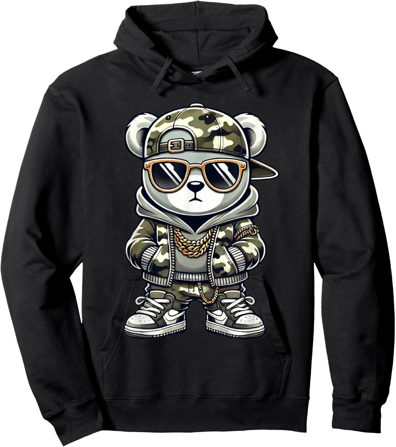 Camo Hip Hop Teddy Bear Camouflage Gangsta Streetwear Hustle Hoodie - Hoodie | Black