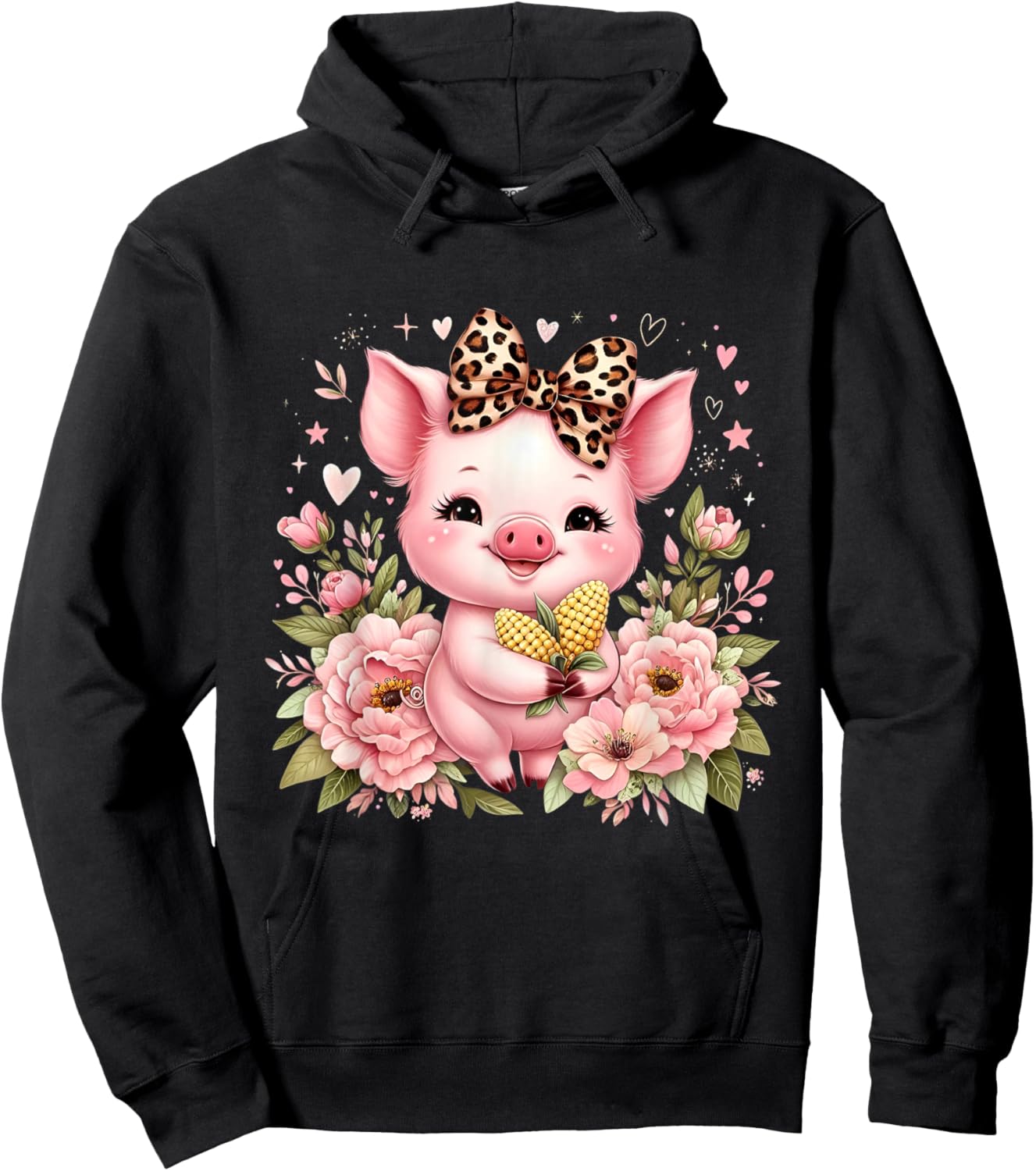 Pig Corn Leopard Coquette Bow Flowers Cute Pig Lover Women Hoodie - Hoodie | Black
