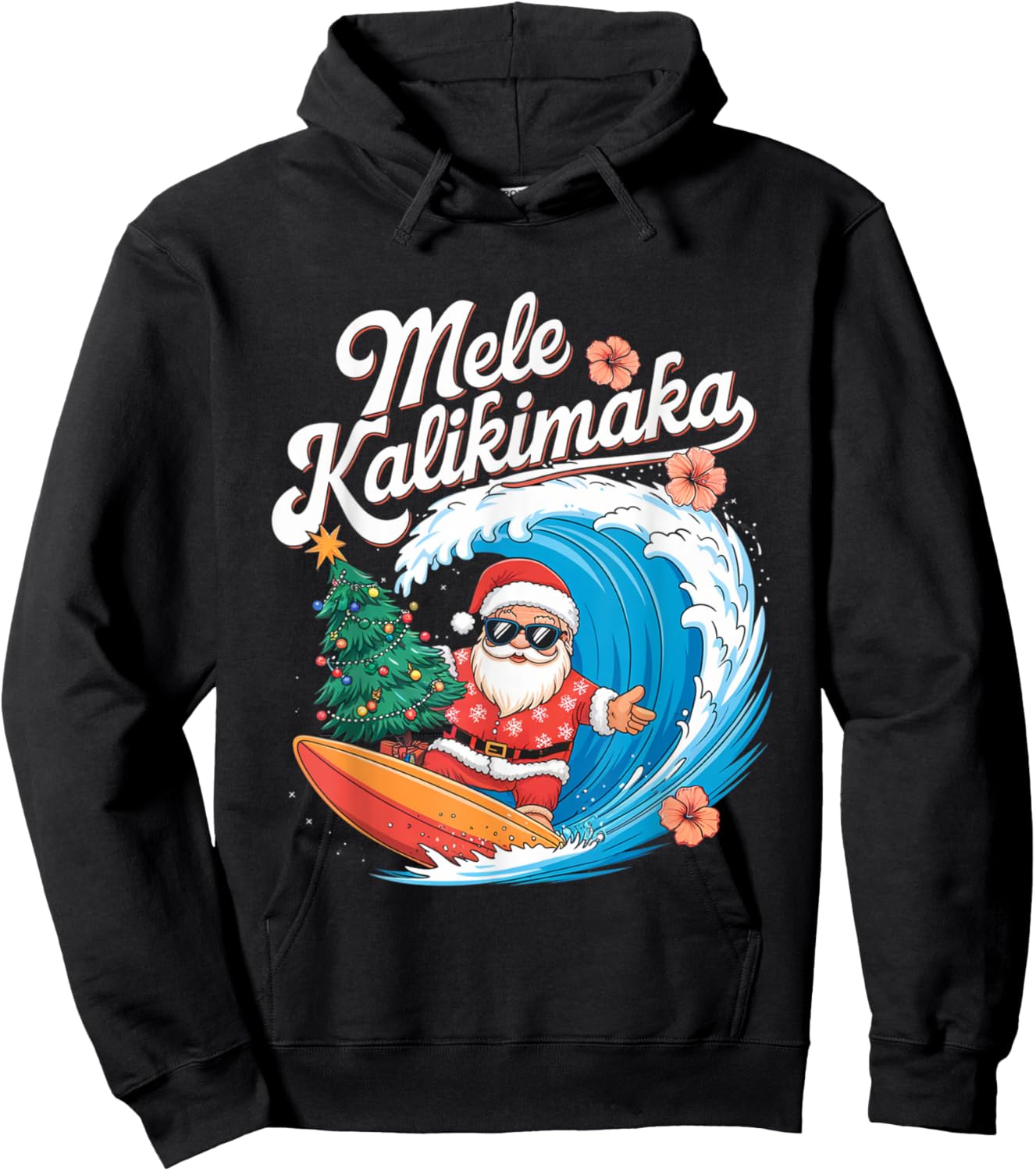 Vintage Cute Mele Kalikimaka Christmas Santa Surfing Costume Hoodie - Hoodie | Black