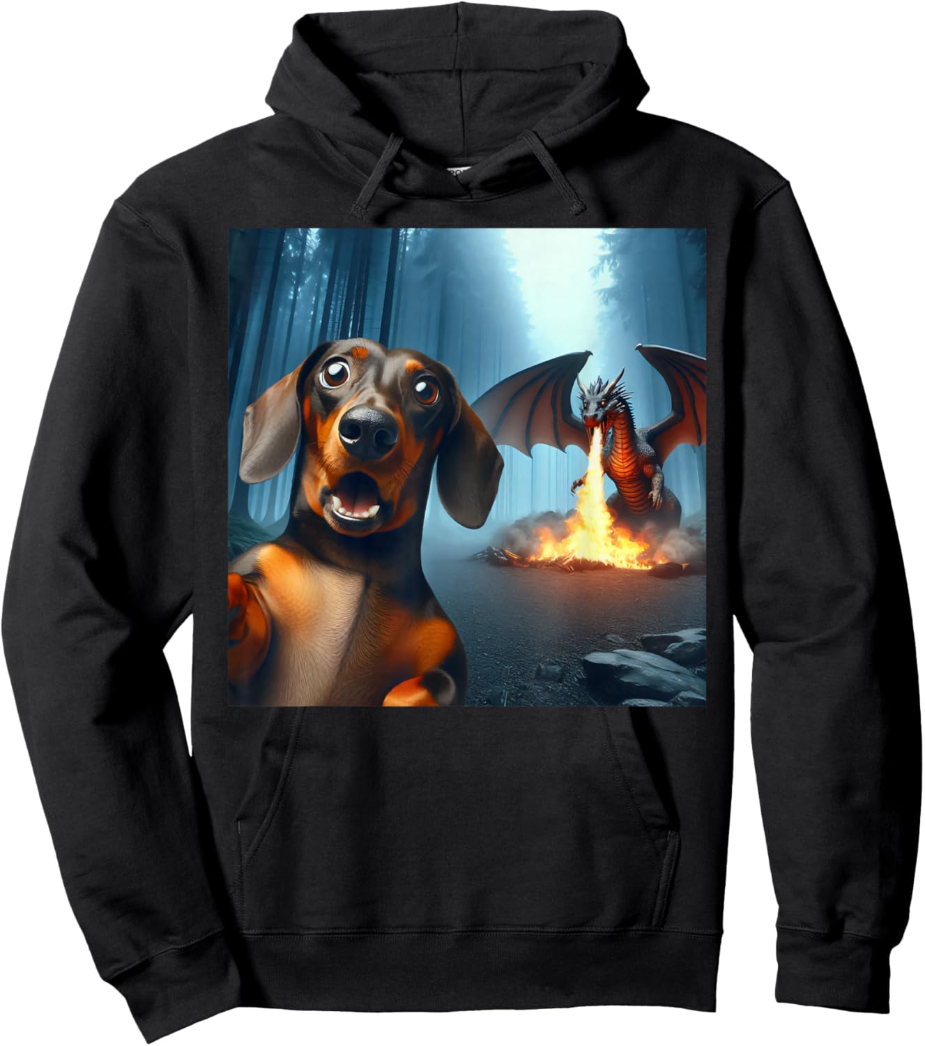 Dachshund Selfie with dragon surprised Dachshund dragon Hoodie - Hoodie | Black