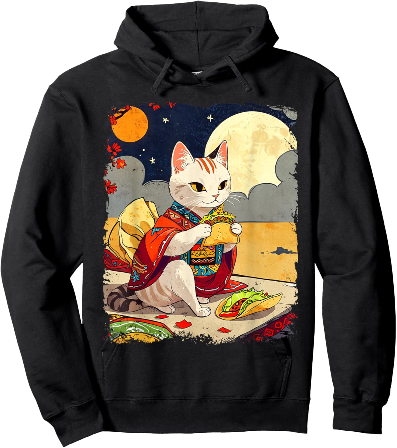 Cat Eating Tacos Funny Taco Cat Ukiyo-e Art Mexican Cat Hoodie - Hoodie | Black