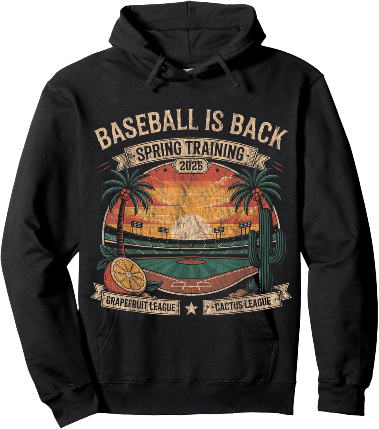 Spring Training Baseball is Back 2026 Retro Stadium Sunset T-Shirt - Hoodie | Black