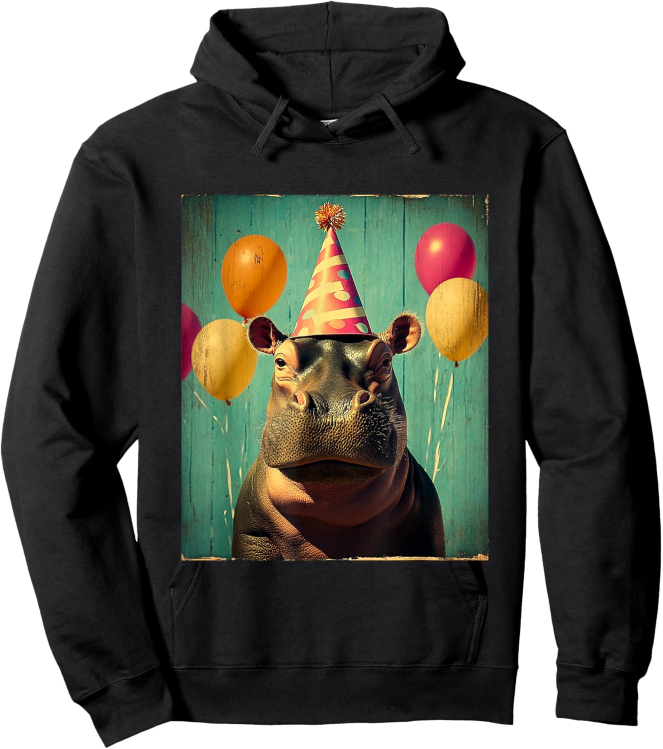 Hippo Retro Art Print Birthday Party Balloons & Party Hat Hoodie - Hoodie | Black