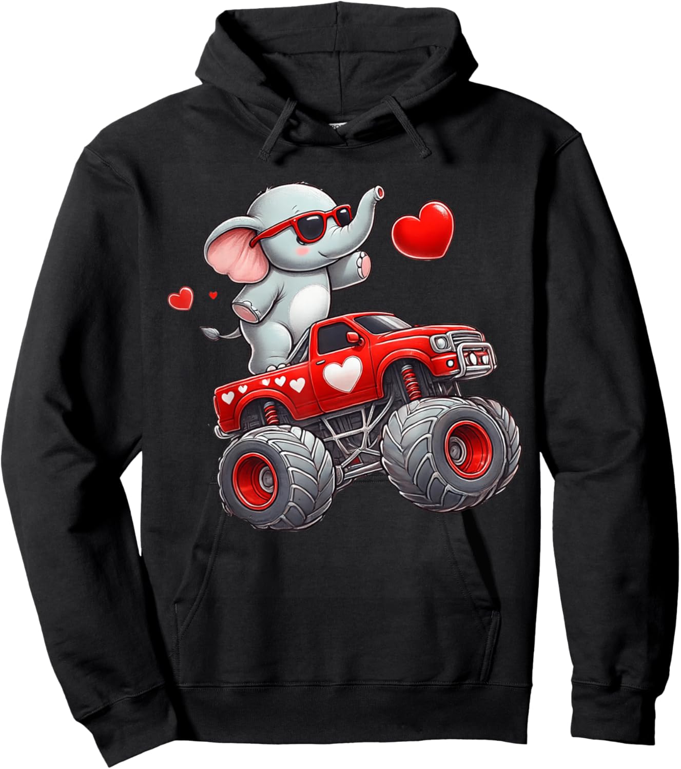 Valentines Day Elephant Riding Monster Truck Cute Boys Girls Hoodie - Hoodie | Black
