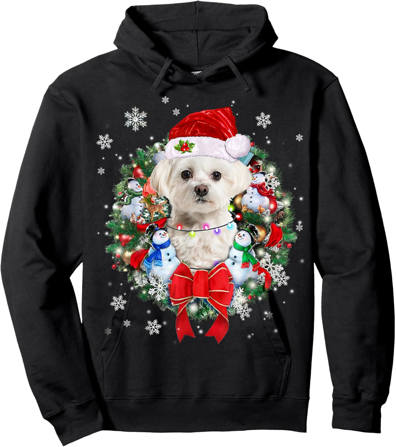 Maltese Christmas Wreath Decoration Xmas Pajamas Hoodie - Hoodie | Black