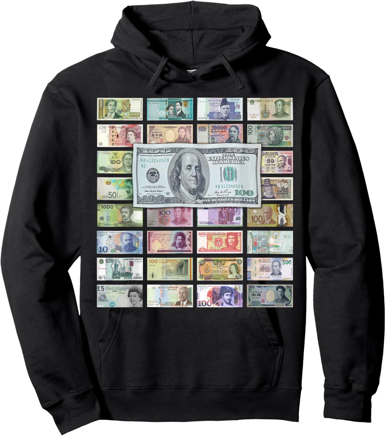 Global Currencies, World Money & 100 Dollar Bill Design Hoodie - Hoodie | Black