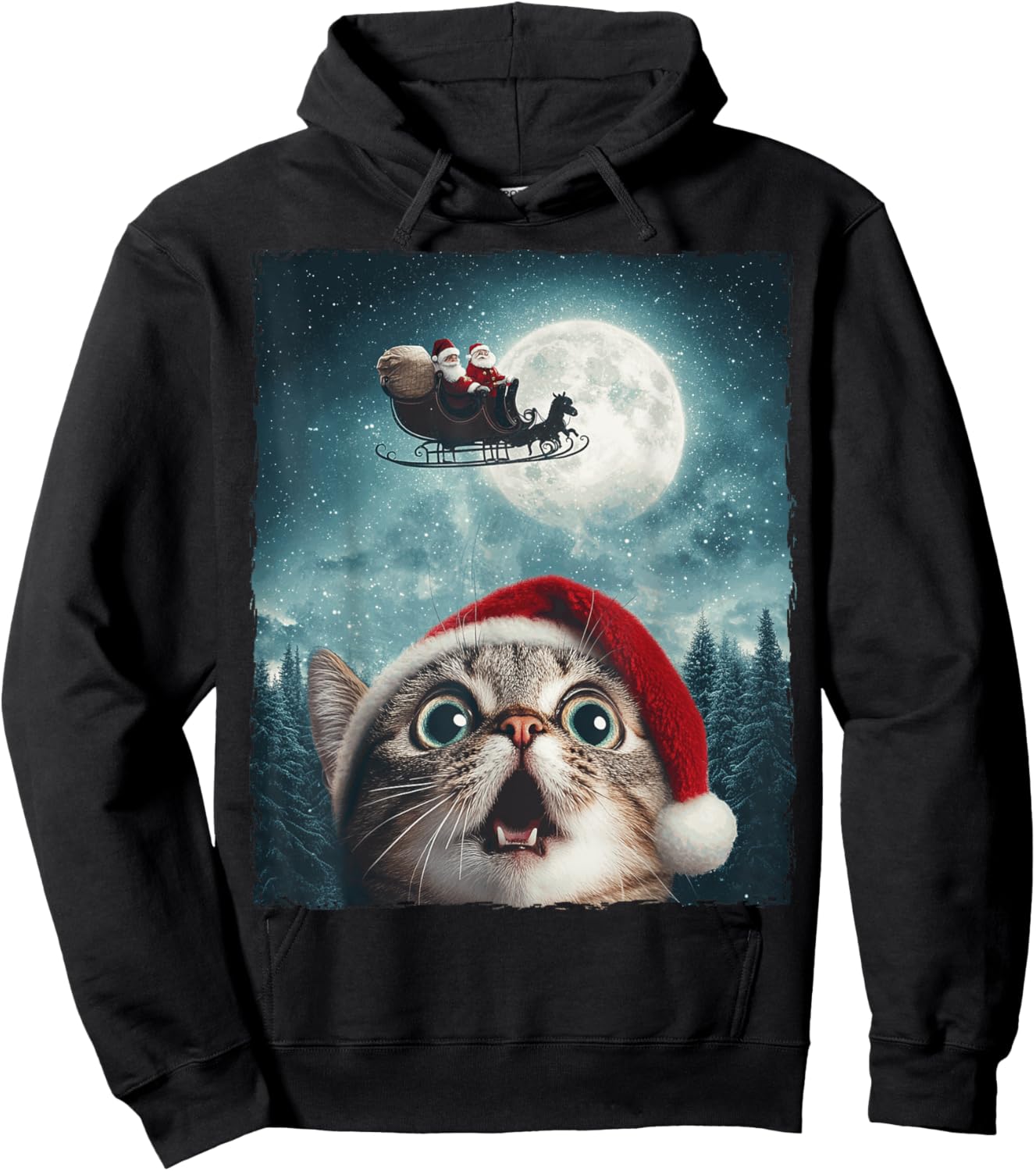 Funny Cat Selfie Santa Moon Xmas Christmas Women Kids Hoodie - Hoodie | Black