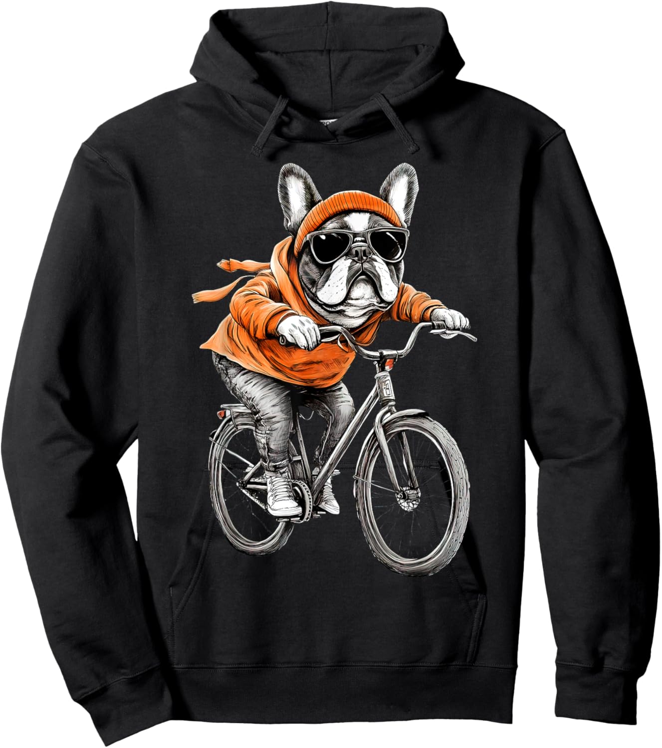 Retro Winter French Bulldog Riding Bicycle Biker Cyclist Hoodie - Hoodie | Black