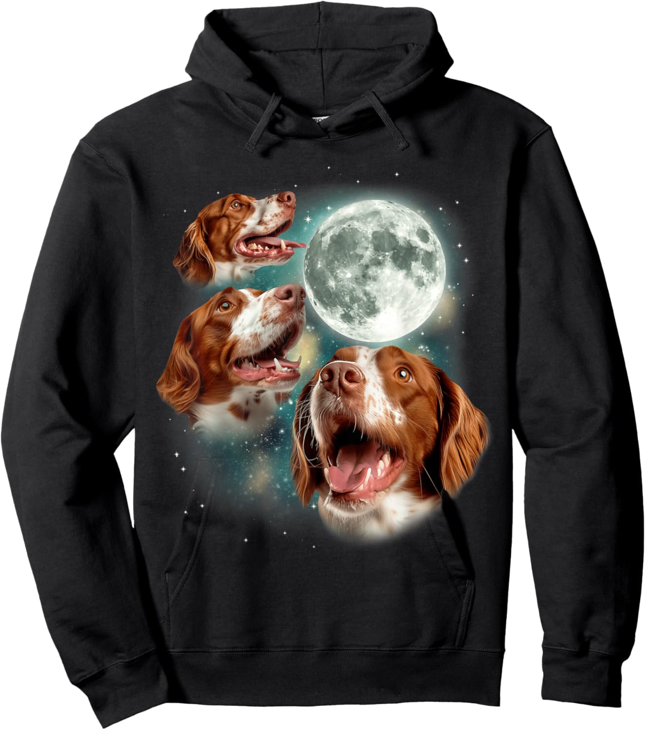 Three Brittany Spaniel Moon | 3 Spaniels Howling at Moon Dog Hoodie - Hoodie | Black