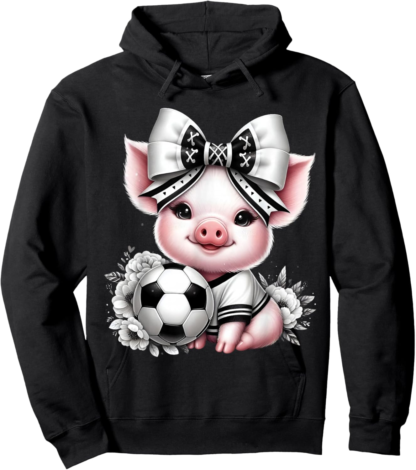 Cute Pig Black & White Soccer Coquette Bow Soccer Player Pig Hoodie - Hoodie | Black