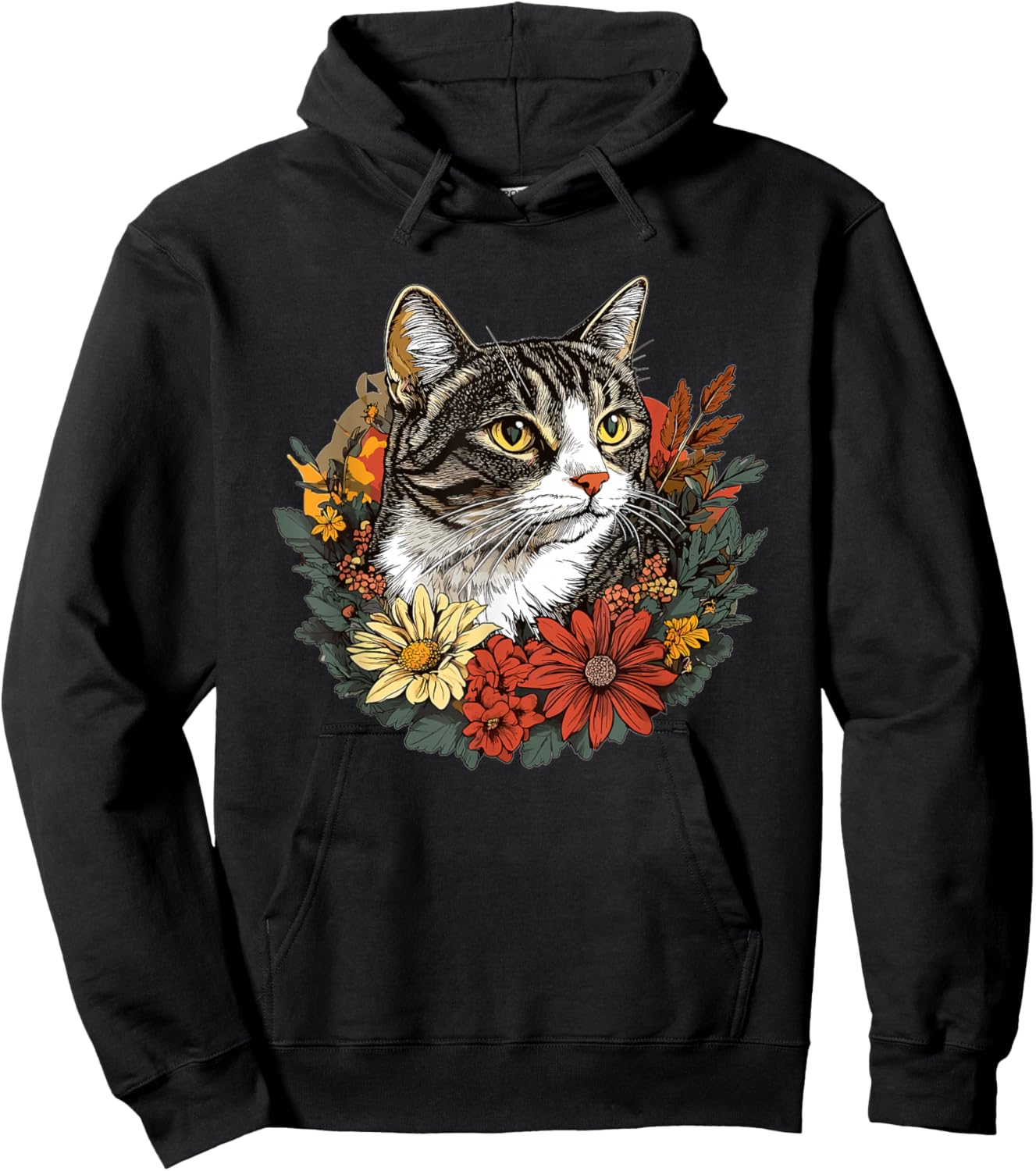 Tabby Cat Surrounded By Colorful Flowers Hoodie - Hoodie | Black
