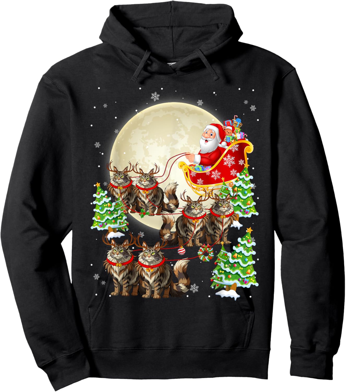 Funny Maine Coon Cat Reindeer Santa Sleigh Merry Christmas Hoodie - Hoodie | Black