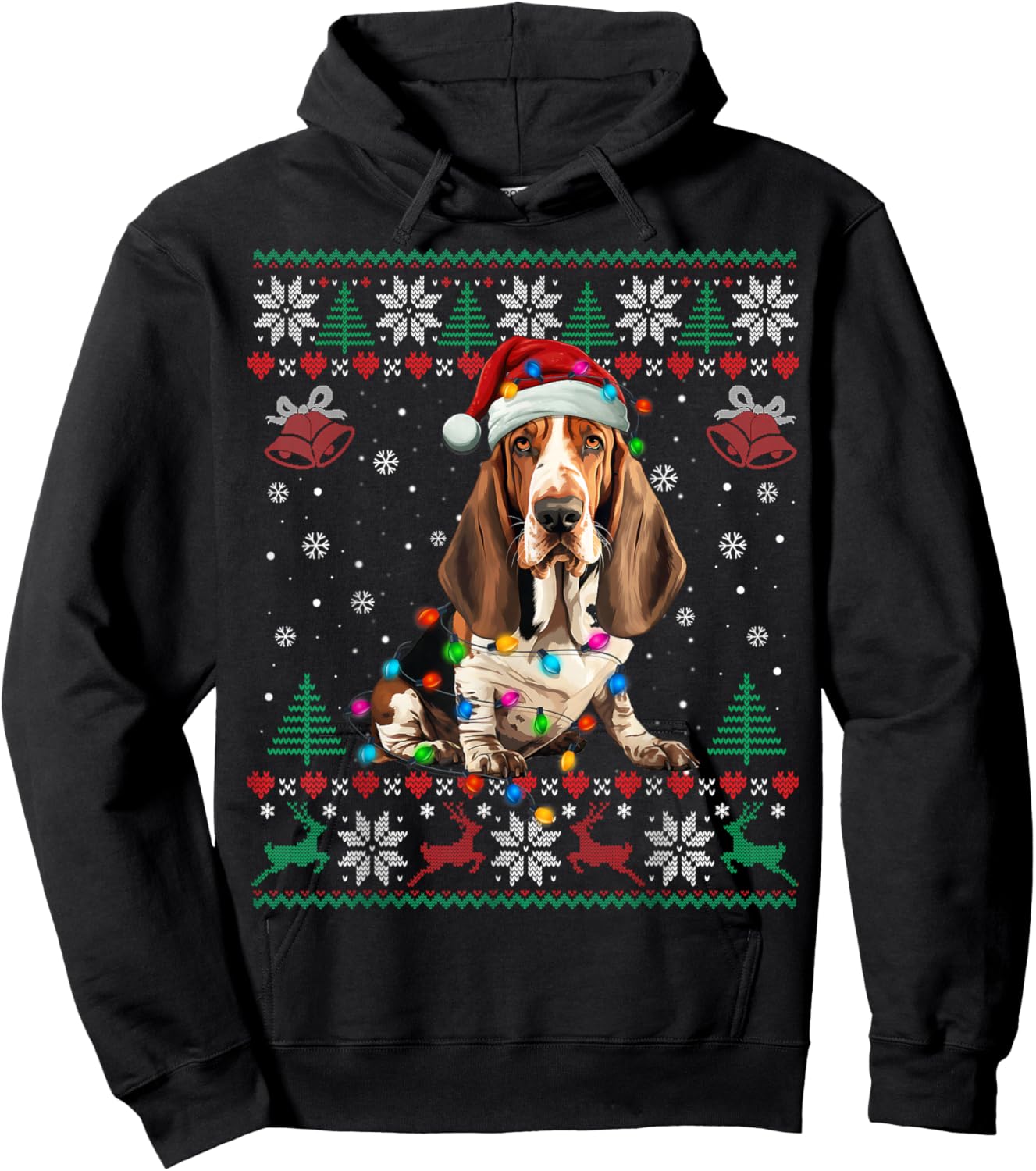 Dog Christmas Lights Ugly Sweater Basset Hound Dog Xmas Hoodie - Hoodie | Black