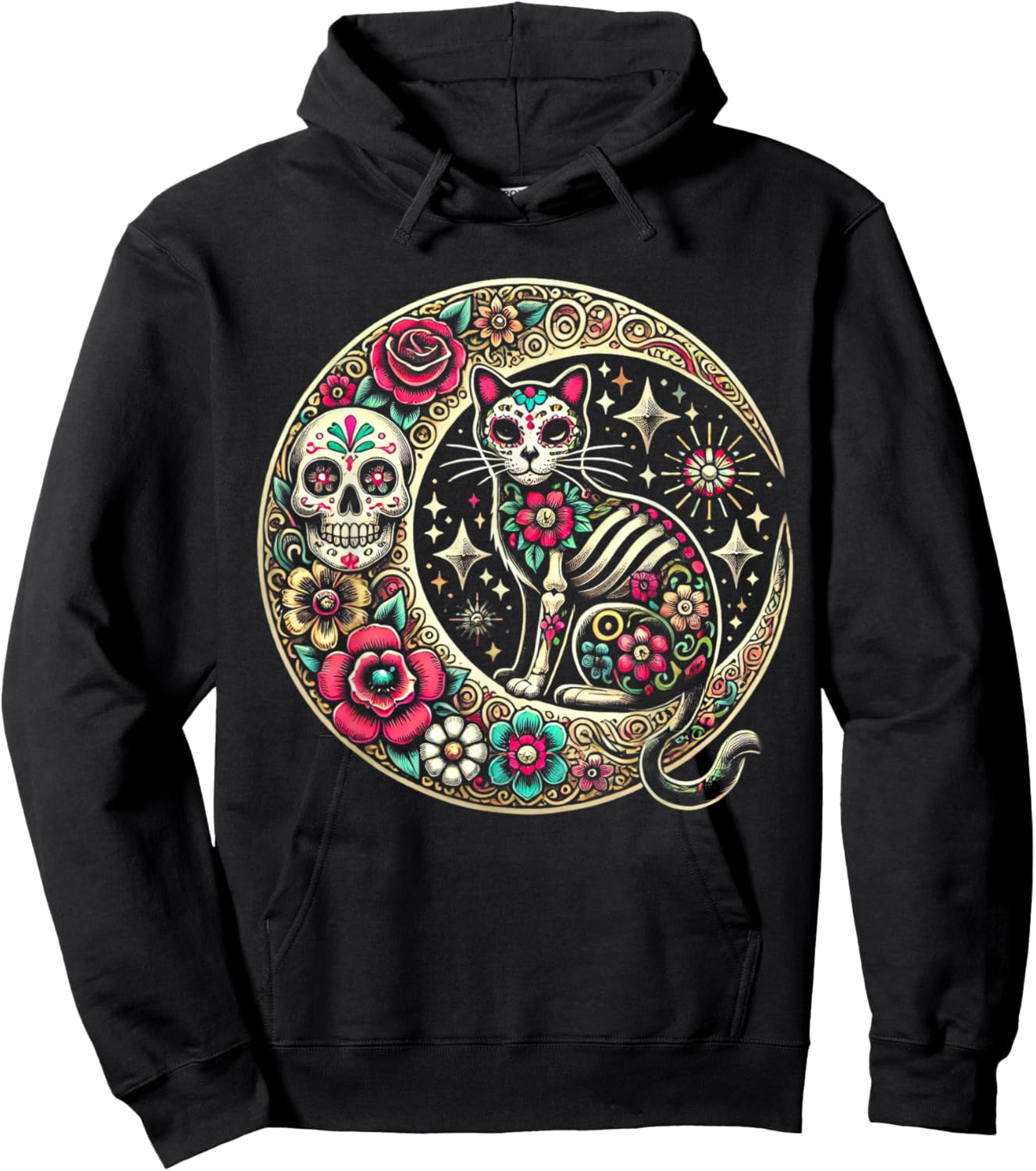 Cat Moon Dia De Los Muertos Day Of The Dead Sugar Skull Hoodie - Hoodie | Black
