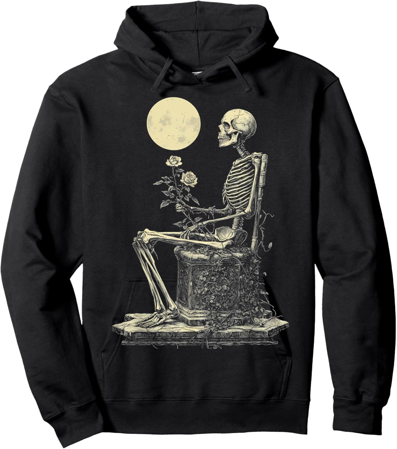 Satanic Skull Rose Gothic Skeleton Holding Rose Hoodie - Hoodie | Black