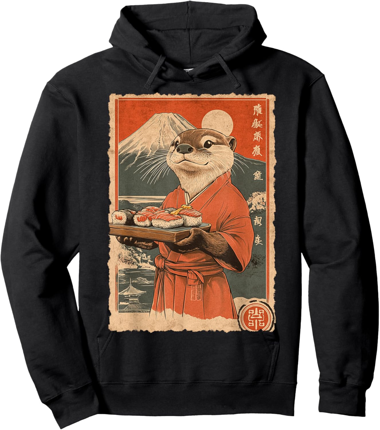 Funny Vintage Japanese Food Art Cute Sea Otter Sushi Chef Hoodie - Hoodie | Black