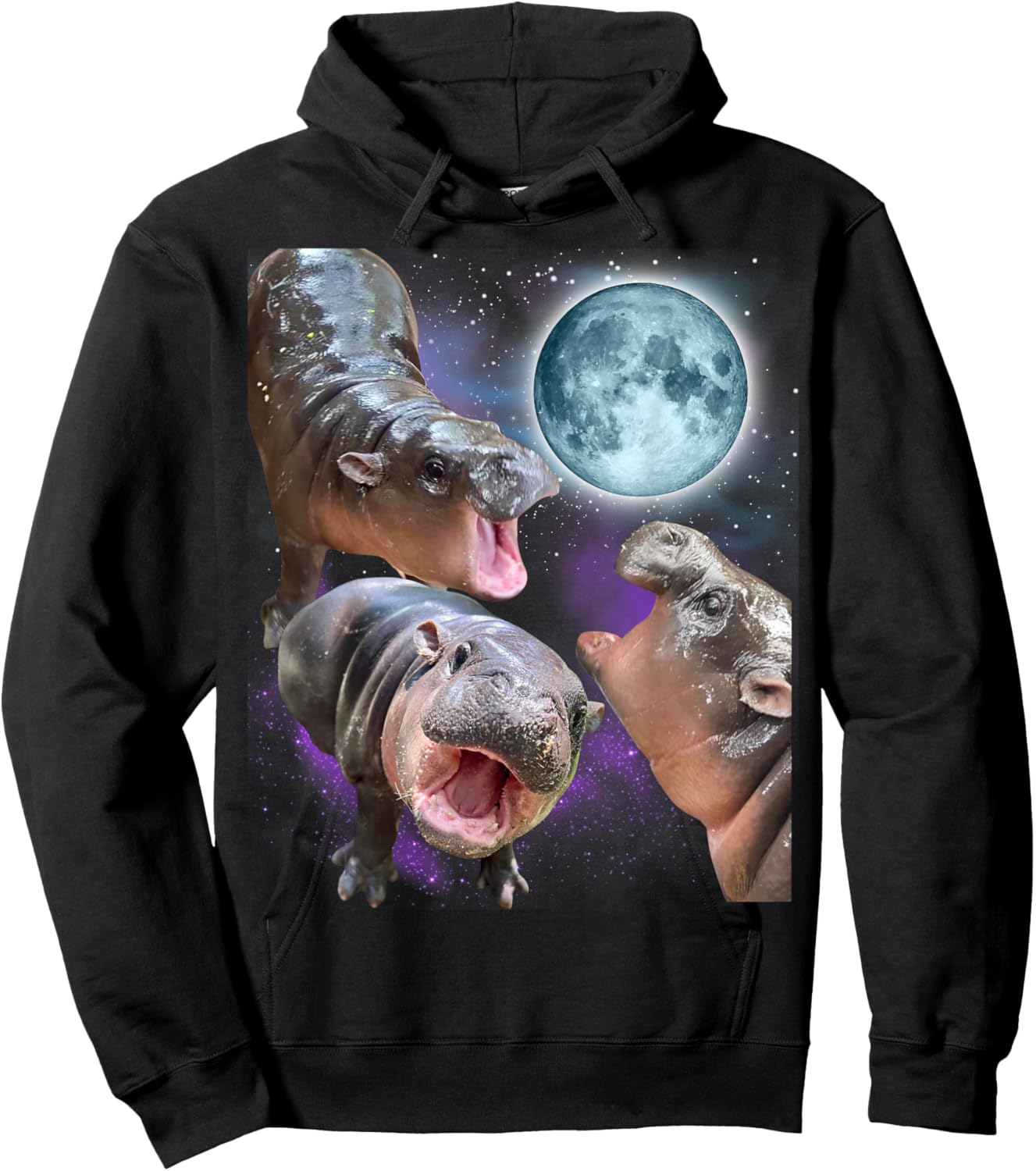 Moo-Deng 3 Hippos Moon Howling Hippo Head Cute Baby Hippo Hoodie - Hoodie | Black