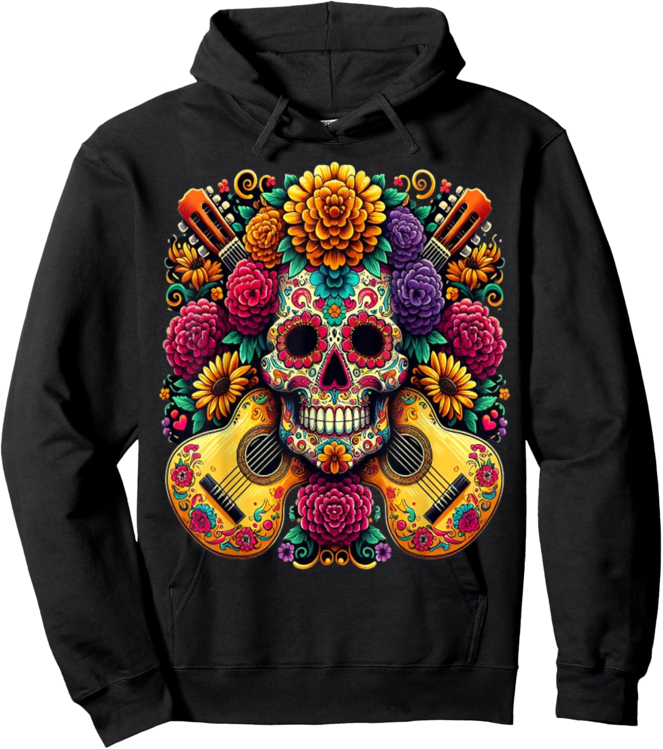 Flower Guitar Skull Day of the Dead Gifts Mariachi Hoodie - Hoodie | Black