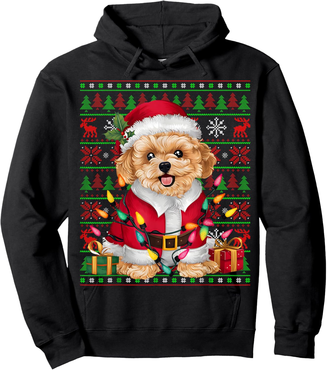 Maltipoo Dog Xmas Lights Ugly Santa Maltipoo Christmas Hoodie - Hoodie | Black
