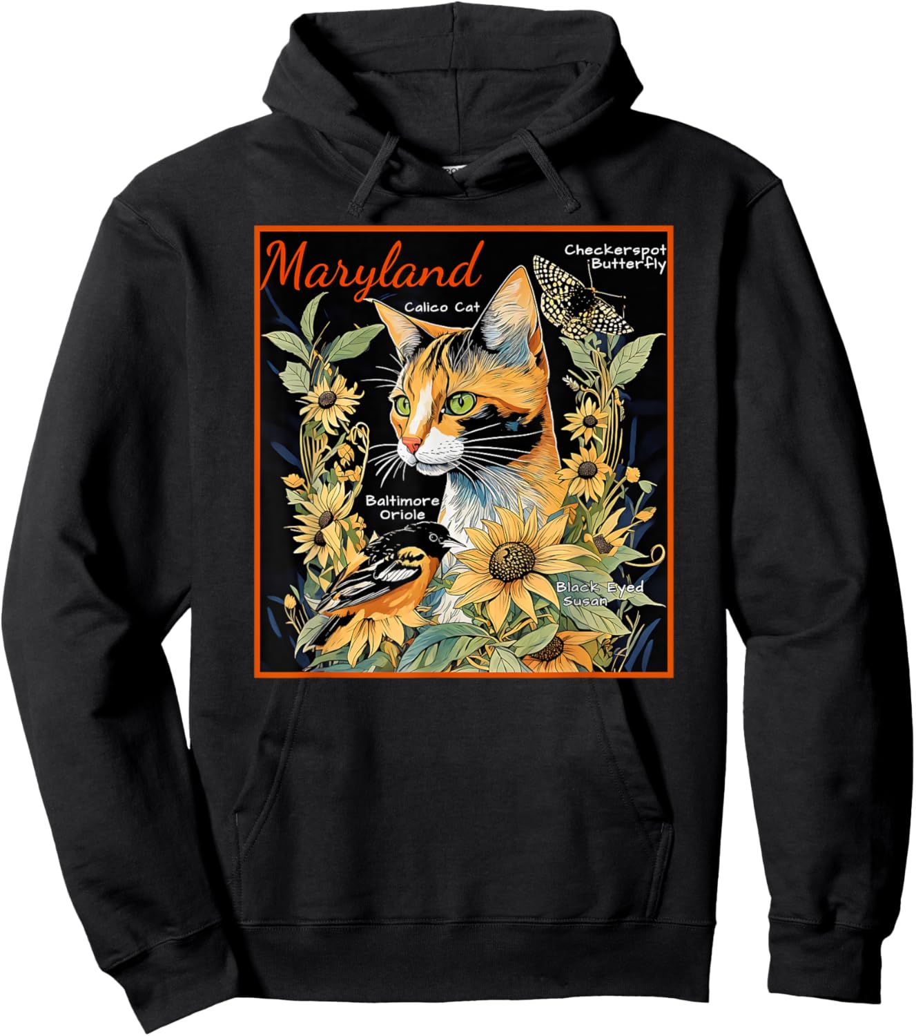 Maryland's Official Cat Butterfly and Bird a Colorful Art Men Women Kids Hoodie - Hoodie | Black