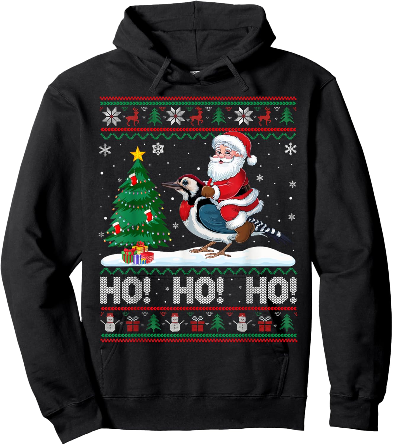 Xmas Tree Lighting Santa Riding Woodpecker Christmas Hoodie - Hoodie | Black