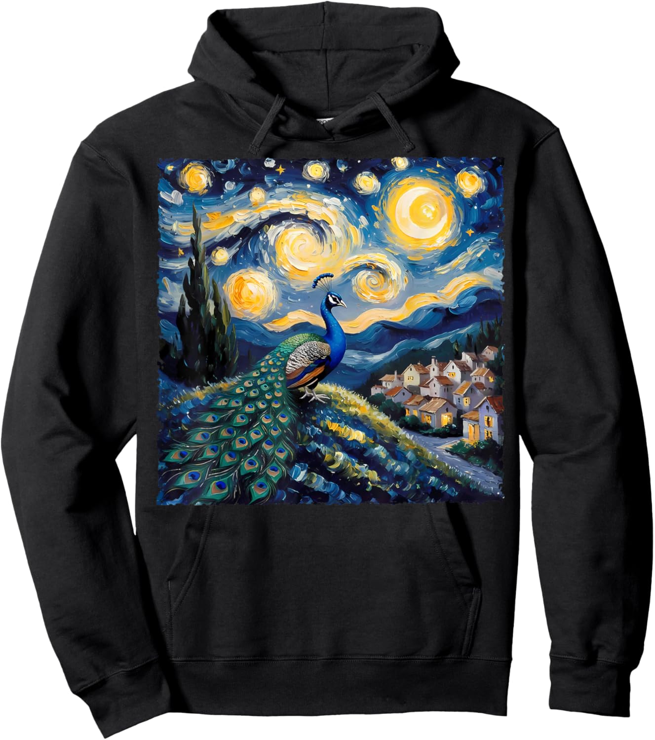 Van Gogh Style Funny Peacock Lover The Starry Night Painting Hoodie - Hoodie | Black