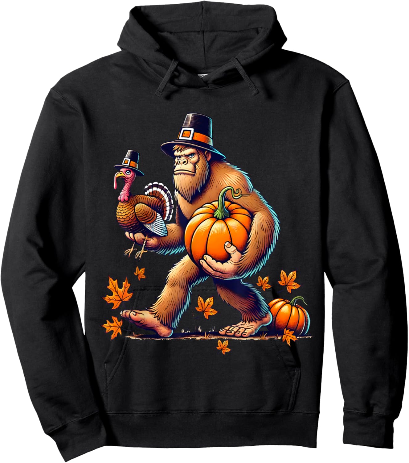 Bigfoot Pilgrim Turkey Pumpkin Funny Thanksgiving Girl Boy Hoodie - Hoodie | Black
