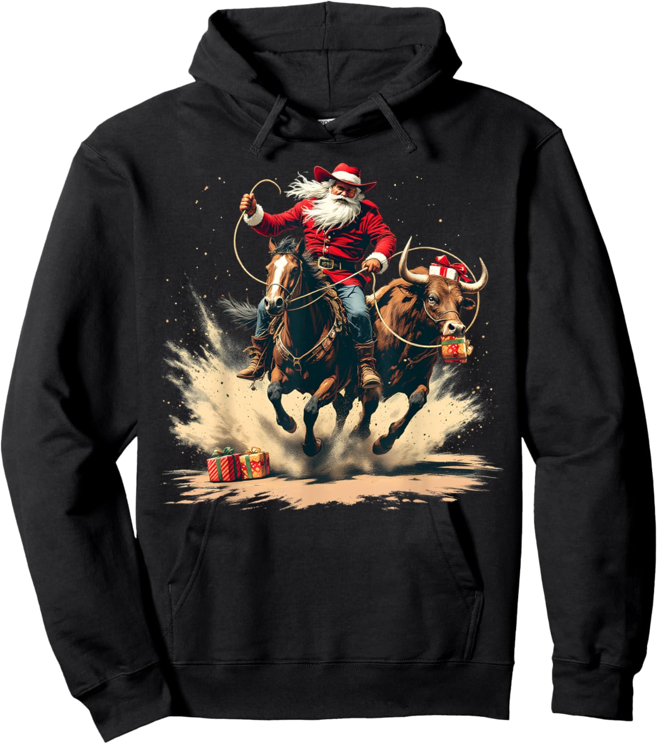 Santa Claus Cowboy Vintage Christmas Horse Cow Men Boy Hoodie - Hoodie | Black