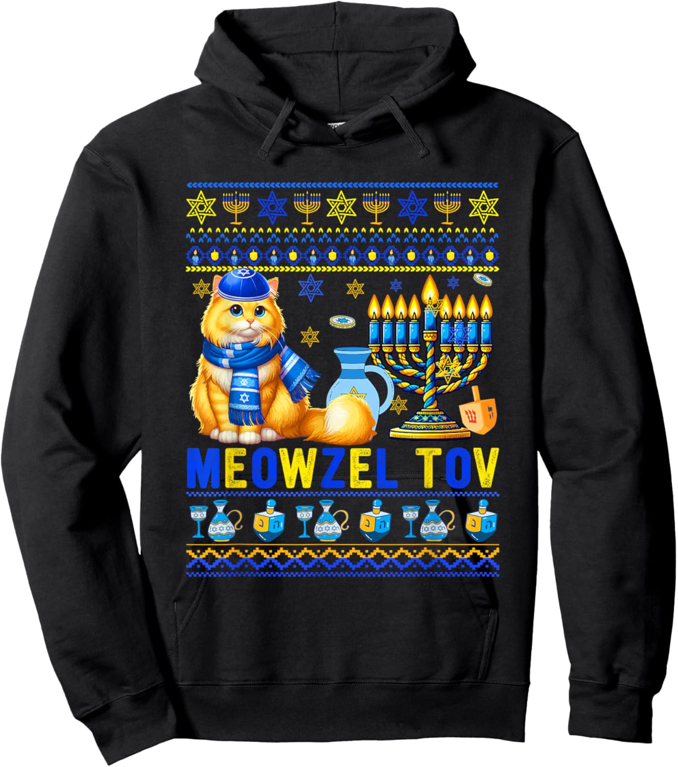 Meowzel Tov Hanukkah Sweater Cat Costume Jewish Menorah Hoodie - Hoodie | Black